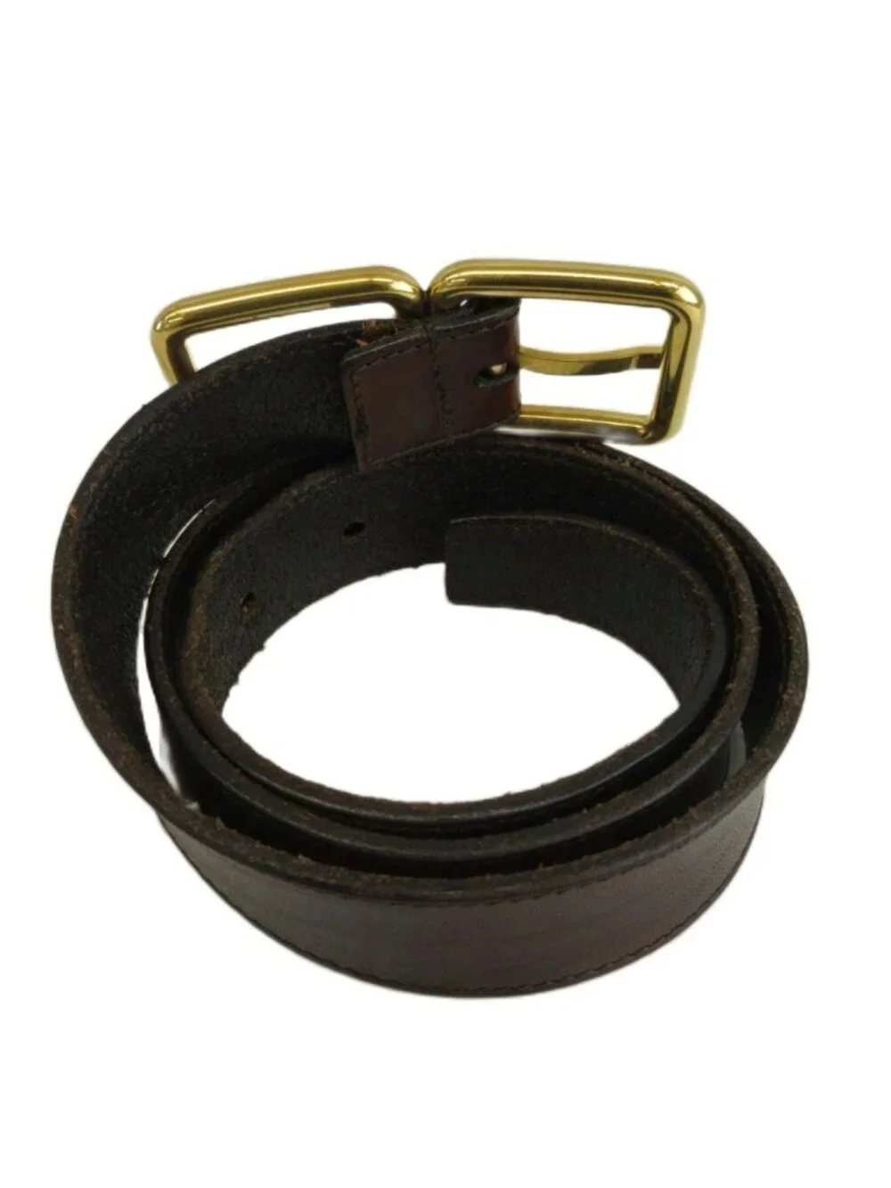 Saint Laurent Paris Double Buckle Leather Belt Cowhide Logo Gold Brown